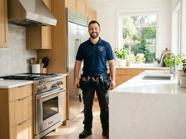 Appliance Repair Hero technician in a Angelus Oaks, CA kitchen after an appliance repair
