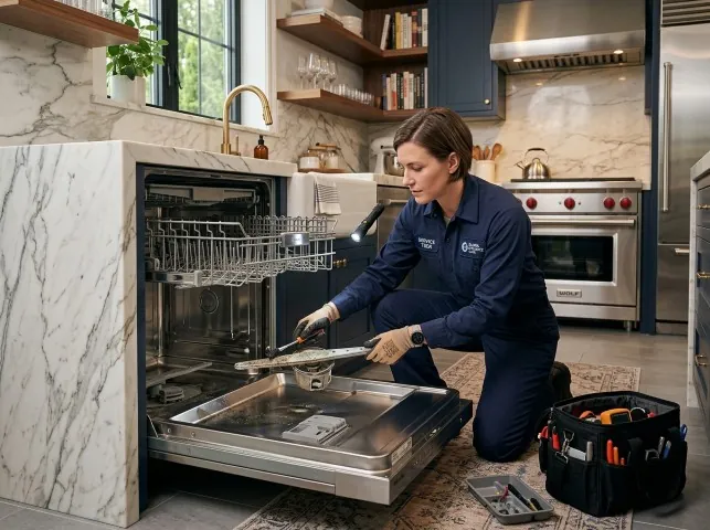 Appliance Repair Hero technician servicing a built-in dishwasher in a Angelus Oaks, CA kitchen