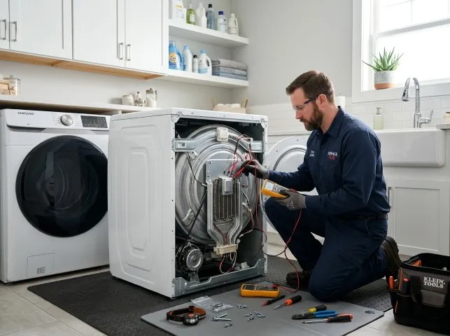 Appliance Repair Hero technician checking a dryer heating element with the rear panel off in Angelus Oaks, CA