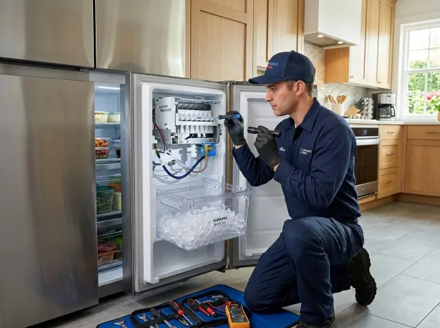 Appliance Repair Hero technician repairing a refrigerator ice maker in Angelus Oaks, CA