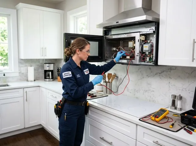Appliance Repair Hero technician testing an over-the-range microwave in a Angelus Oaks, CA kitchen