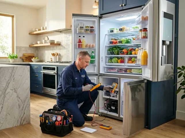 Appliance Repair Hero refrigerator technician testing a fridge on a Angelus Oaks, CA service call