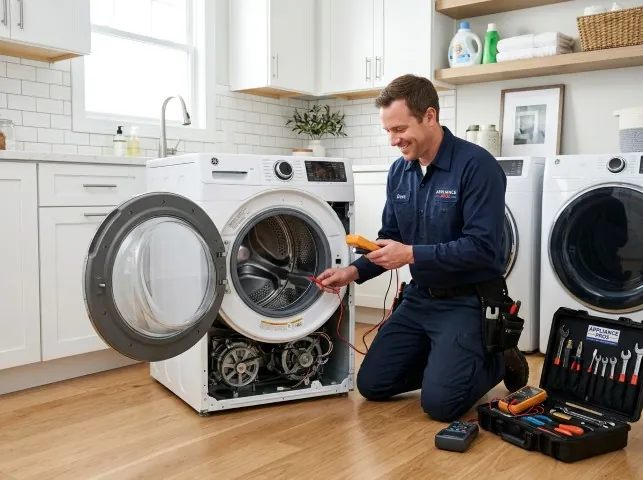 Appliance Repair Hero technician testing a front-load washer with a multimeter on a Angelus Oaks, CA service call